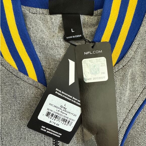 The Wild Collective LA Rams Jacket Retro Size L Gray Blue Yellow - Picture 2 of 3
